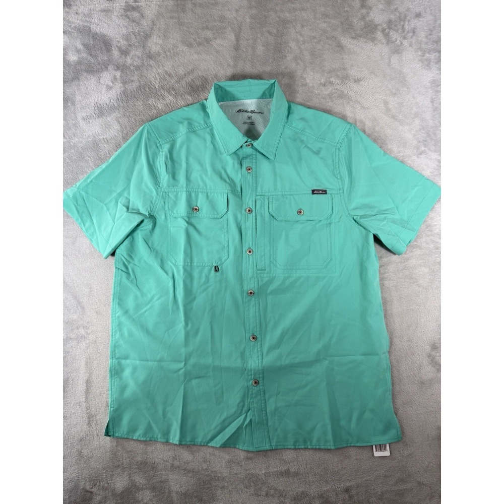 Eddie Bauer Shirt Mens Medium Green Woven Tech Short Sleeve Button Up NWT